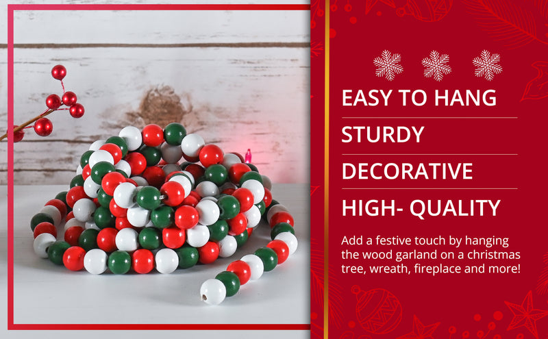 Ornativity Red and Green Garland - Rustic Christmas Wooden Farmhouse Xmas Decor Country Wood Beaded Home and Holiday Garland Tree Decorations Boho Strand of Beads 10 Feet (2 Pack)