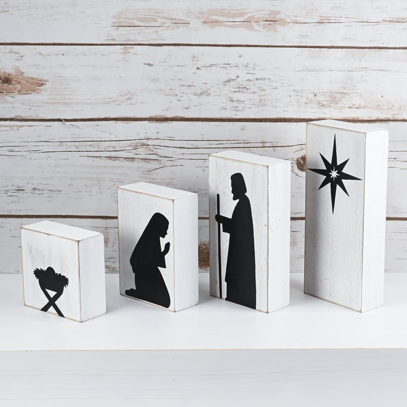 Wooden Block Nativity Scene - Black Silhouette Christmas Figures on White Painted Wood Blocks Indoor Nativity Table Top Set Decorations - 1 Set