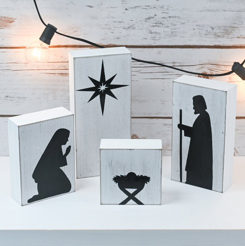 Wooden Block Nativity Scene - Black Silhouette Christmas Figures on White Painted Wood Blocks Indoor Nativity Table Top Set Decorations - 1 Set