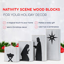 Wooden Block Nativity Scene - Black Silhouette Christmas Figures on White Painted Wood Blocks Indoor Nativity Table Top Set Decorations - 1 Set
