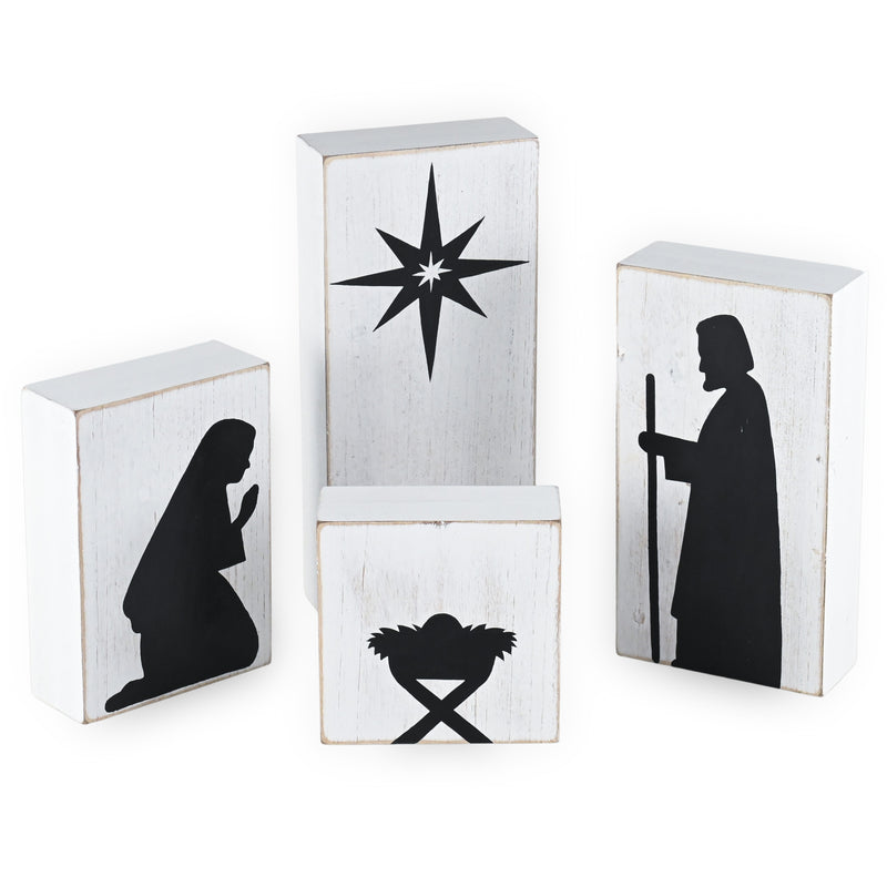 Wooden Block Nativity Scene - Black Silhouette Christmas Figures on White Painted Wood Blocks Indoor Nativity Table Top Set Decorations - 1 Set