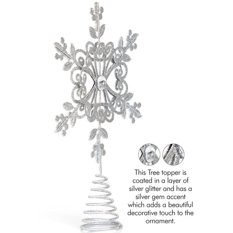 Flower Snowflake Tree Topper - Silver Glitter Intricate Designed Floral Snowflake Shaped Ornament with Sparkling Gem Detailed Christmas Star Tree Top Decorations