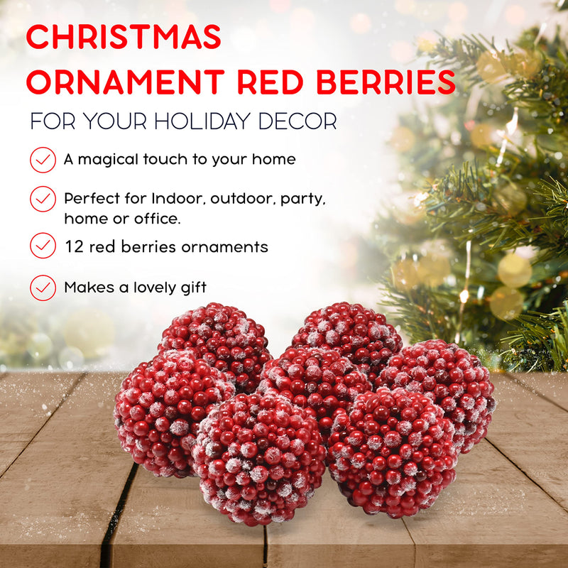 Frosted Red Berries Ornaments - Glittered White Snowflakes on Realisti