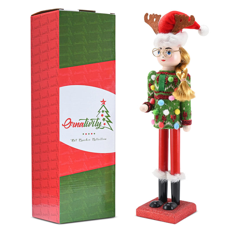 Christmas Ugly Sweater Nutcracker – Red and Green Wooden Nutcracker Woman with an Ugly Sweater and Reindeer Hat Xmas Themed Holiday Nut Cracker Doll Figure Decorations