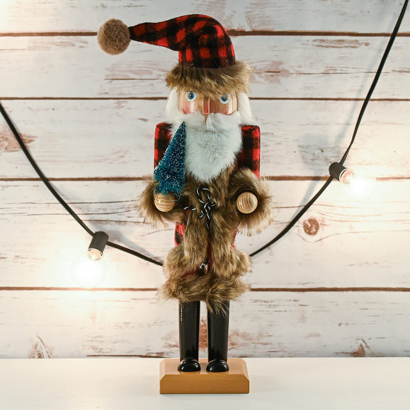 Christmas Nostalgic Santa Nutcracker – Red and Black Wooden Nutcracker Man with Buffalo Plaid Coat with Brown Fur Holding a Xmas Tree Themed Holiday Nut Cracker Doll Figure Decorations