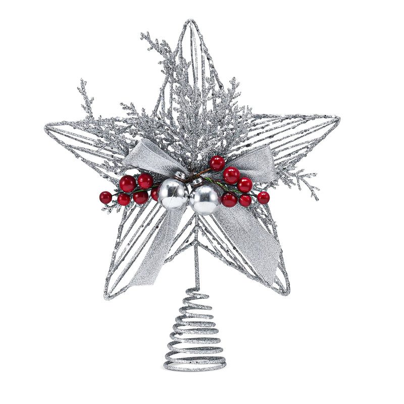 Silver Star Tree Topper - Christmas Glitter Silver Star Holiday Tree Top Decoration with Silver Bells and Mistletoe and Red Berries