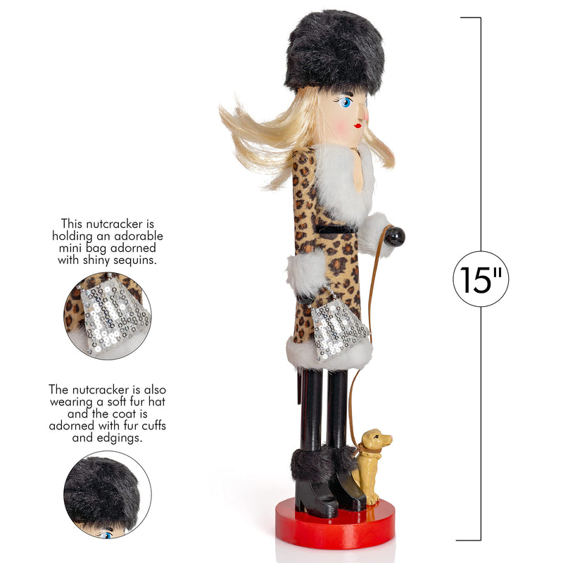 Shopping Lady Christmas Nutcracker - Wooden Glitter Shopper with Dog Themed Holiday Nut Cracker Doll Figure Toy Decorations