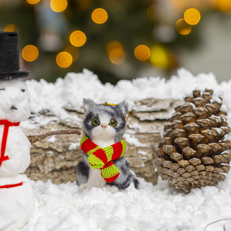 Christmas Mini Cat Ornament - Furry Grey Kitten with Scarf Holiday Tree Hanging Decoration