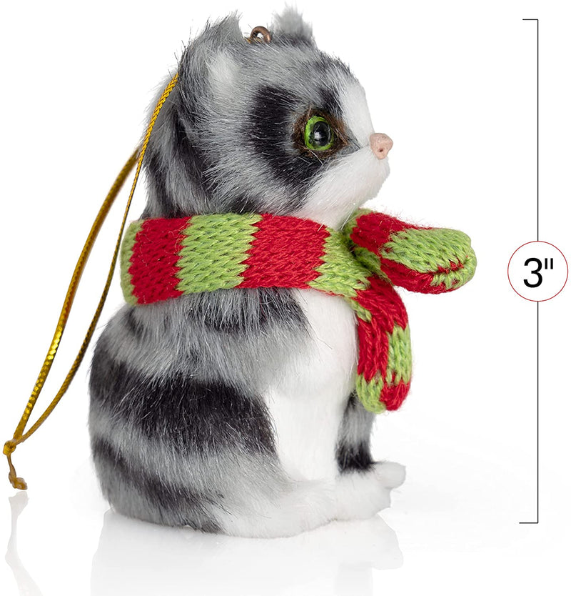 Christmas Mini Cat Ornament - Furry Grey Kitten with Scarf Holiday Tree Hanging Decoration