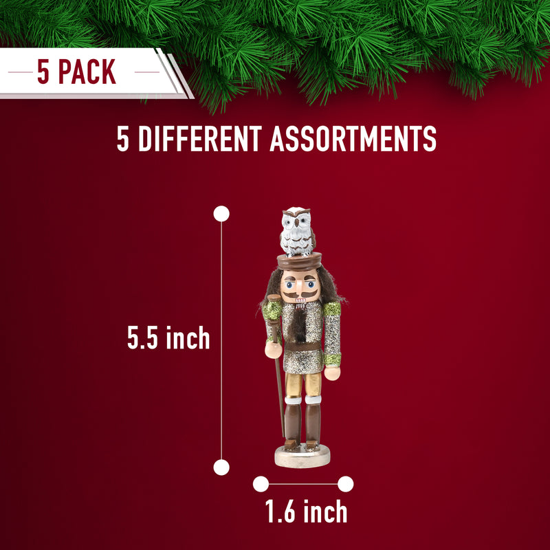 Christmas Deluxe Nutcracker Set – Glittered Wooden Hanging Tree Ornament or Mini Nutcracker Men Xmas Themed Holiday Nut Cracker Doll Figures Decorations - Set of 5