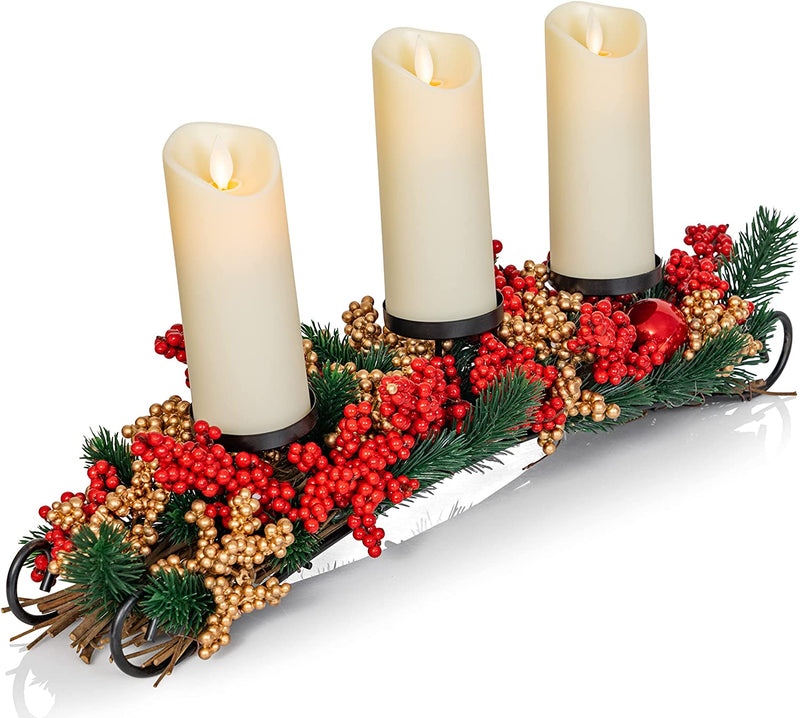 Christmas Décor Candle Holder – Xmas Themed Candle Holder Centerpiece Decorations with Red and Gold Berries and Evergreens