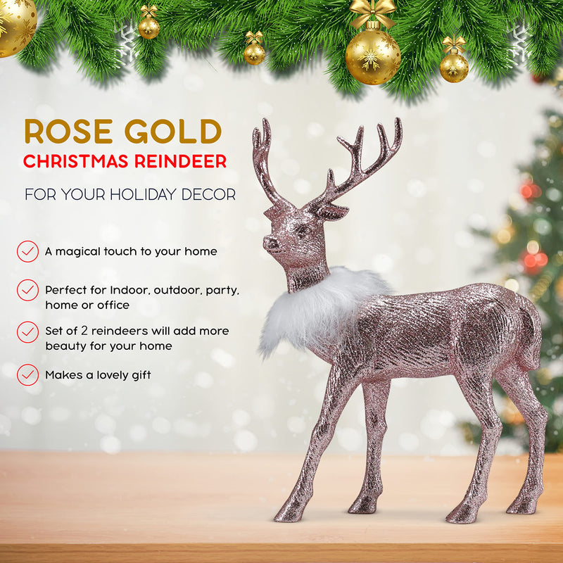 Rose Glitter Christmas Reindeer - Holiday Party Deer Rose Gold Figurine Statues Dinner Tabletop Decorations Centerpiece - Pack of 2