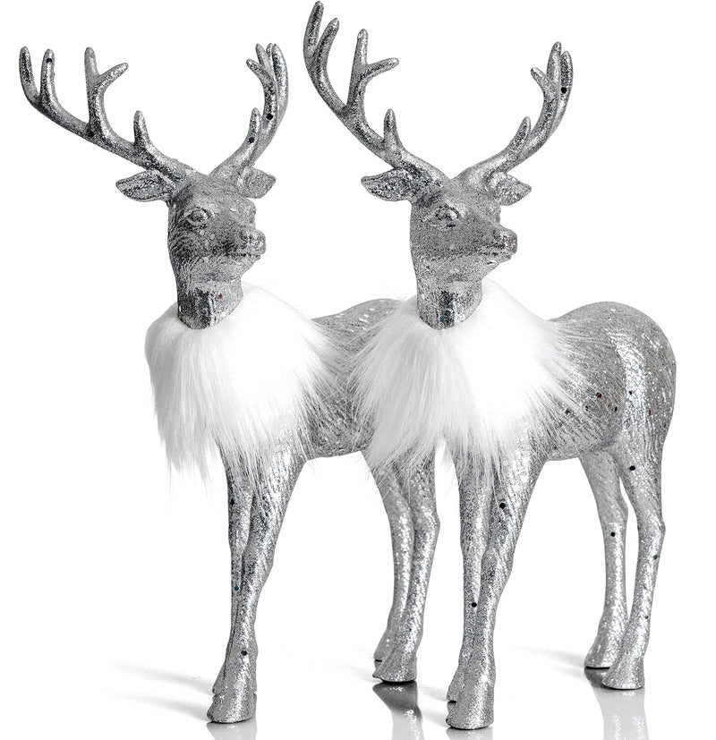 Silver Glitter Christmas Reindeer - Holiday Party Deer Figurine Statues Dinner Tabletop Decorations Centerpiece - Pack of 2
