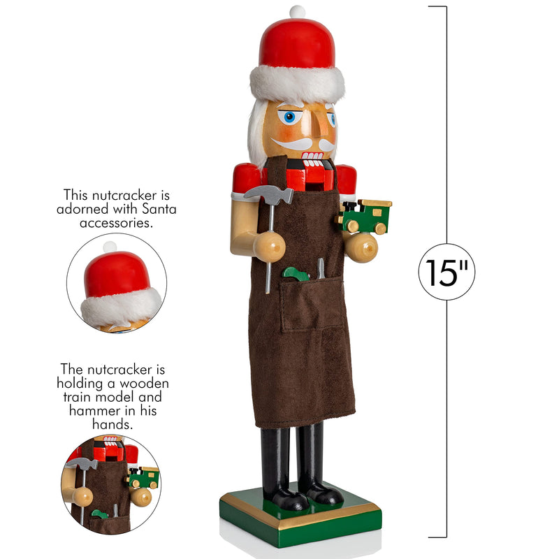 Christmas Toy Maker Nutcracker – Red and Green Wooden Nutcracker Man with Brown Workers Apron and Toy Car and Toy Hammer in Hand Xmas Themed Holiday Nut Cracker Doll Figure Decorations