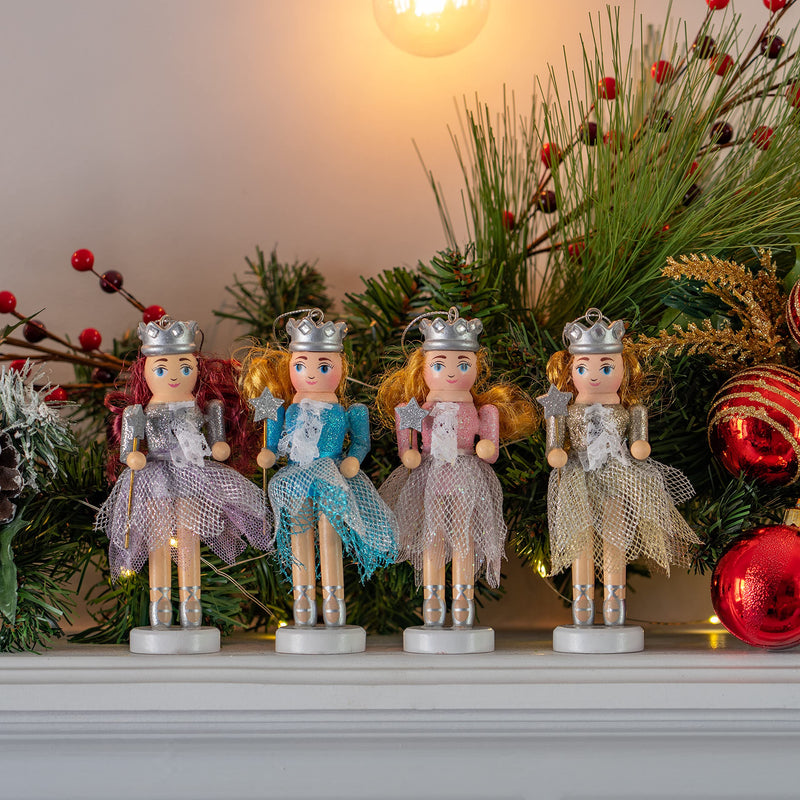 Nutcracker Hanging Ornament Figures – Fairy Ballet Dancers Glittered Christmas Mini Wooden Nutcrackers Xmas Tree Ornament Set – 4 Pieces