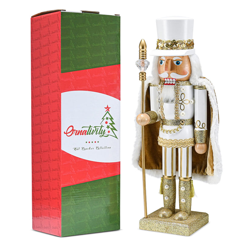 Christmas Gold King Nutcracker – Gold and White Glittered Wooden Nutcracker Man with Gold and White Fur Cape and Staff in Hand Xmas Themed Holiday Nut Cracker Doll Figure Decorations