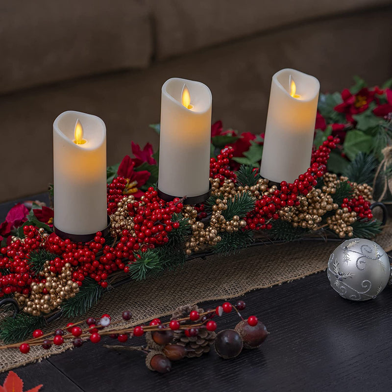 Christmas Décor Candle Holder – Xmas Themed Candle Holder Centerpiece Decorations with Red and Gold Berries and Evergreens