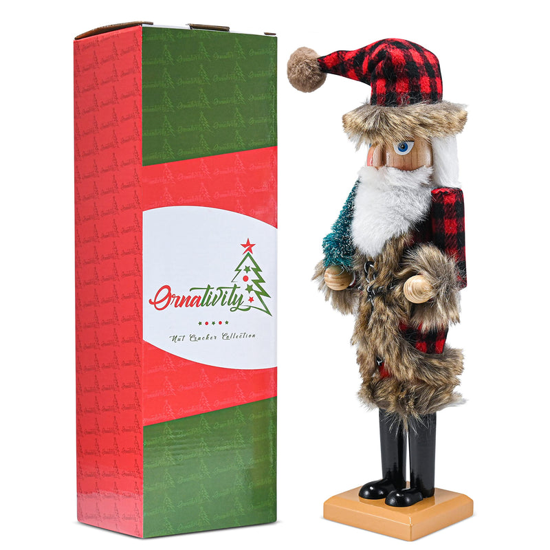 Christmas Nostalgic Santa Nutcracker – Red and Black Wooden Nutcracker Man with Buffalo Plaid Coat with Brown Fur Holding a Xmas Tree Themed Holiday Nut Cracker Doll Figure Decorations