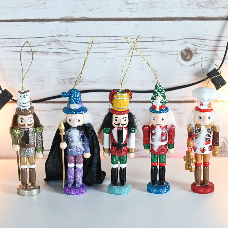 Christmas Deluxe Nutcracker Set – Glittered Wooden Hanging Tree Ornament or Mini Nutcracker Men Xmas Themed Holiday Nut Cracker Doll Figures Decorations - Set of 5