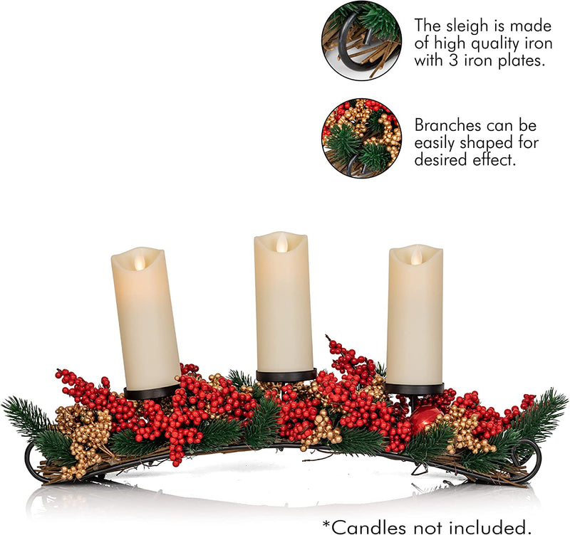 Christmas Décor Candle Holder – Xmas Themed Candle Holder Centerpiece Decorations with Red and Gold Berries and Evergreens