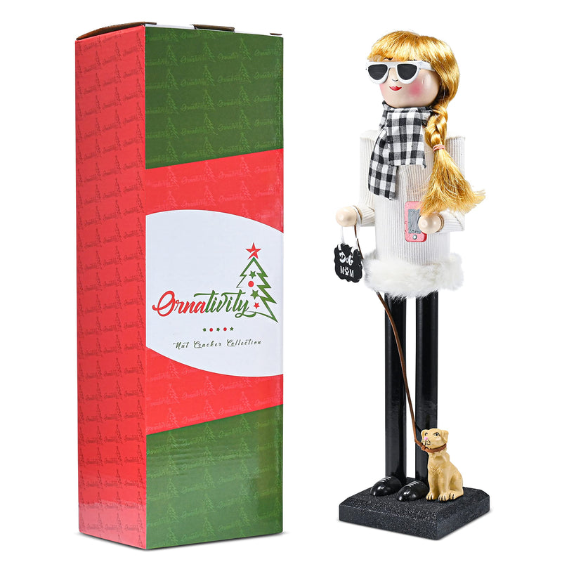 Christmas Dog Mom Nutcracker – White and Black Wooden Nutcracker Woman with Dog on Leash and a Smartphone in Hand Xmas Themed Holiday Nut Cracker Doll Figure Decorations