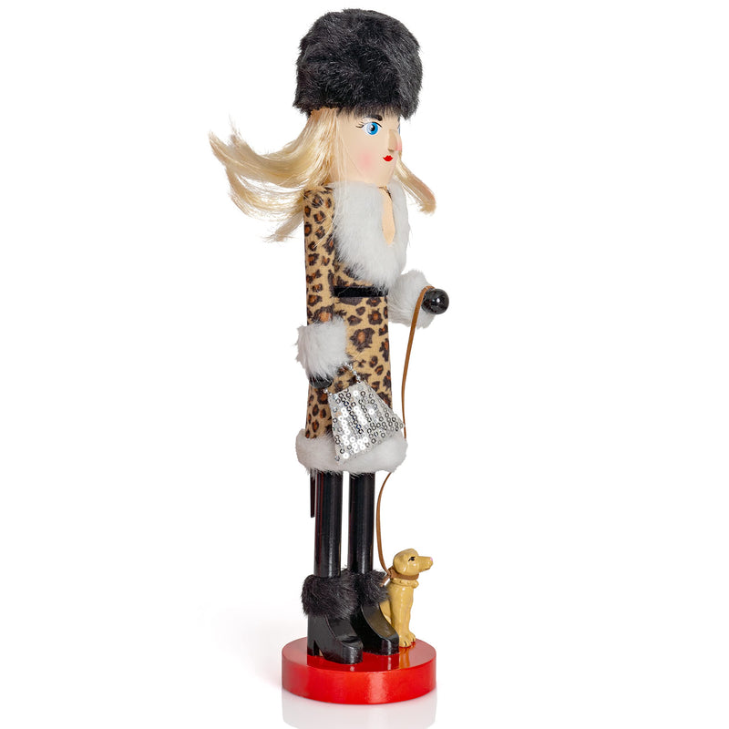 Shopping Lady Christmas Nutcracker - Wooden Glitter Shopper with Dog Themed Holiday Nut Cracker Doll Figure Toy Decorations