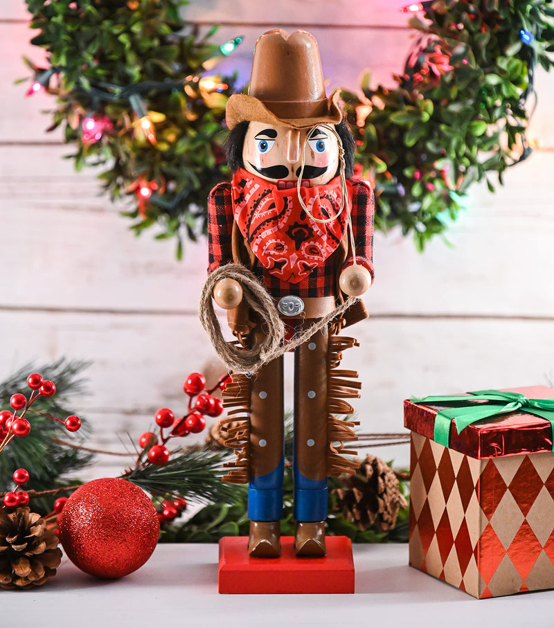 Christmas Western Cowboy Nutcracker – Brown and Red Wooden Nutcracker Cow Boy with a Rope and Lasso Xmas Themed Holiday Nut Cracker Doll Figure Decorations