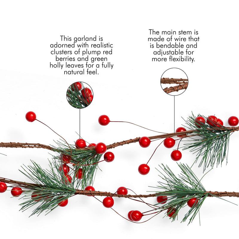 Pine and Berries Garland - Pine Needles and Berry Rustic Holiday Christmas Tree Natural Garland Decorations – 6 Ft