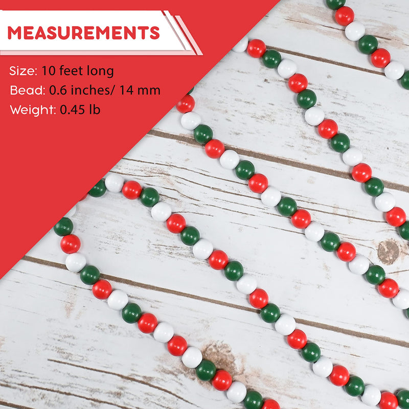 Red and Green Garland - Rustic Christmas Wooden Farmhouse Country Wood Beaded Home and Holiday Garland Tree Decorations Boho Strand of Beads