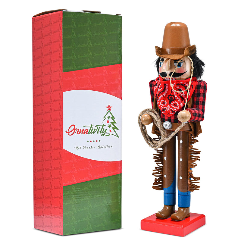 Christmas Western Cowboy Nutcracker – Brown and Red Wooden Nutcracker Cow Boy with a Rope and Lasso Xmas Themed Holiday Nut Cracker Doll Figure Decorations