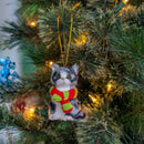 Christmas Mini Cat Ornament - Furry Grey Kitten with Scarf Holiday Tree Hanging Decoration