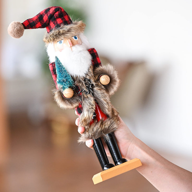 Christmas Nostalgic Santa Nutcracker – Red and Black Wooden Nutcracker Man with Buffalo Plaid Coat with Brown Fur Holding a Xmas Tree Themed Holiday Nut Cracker Doll Figure Decorations