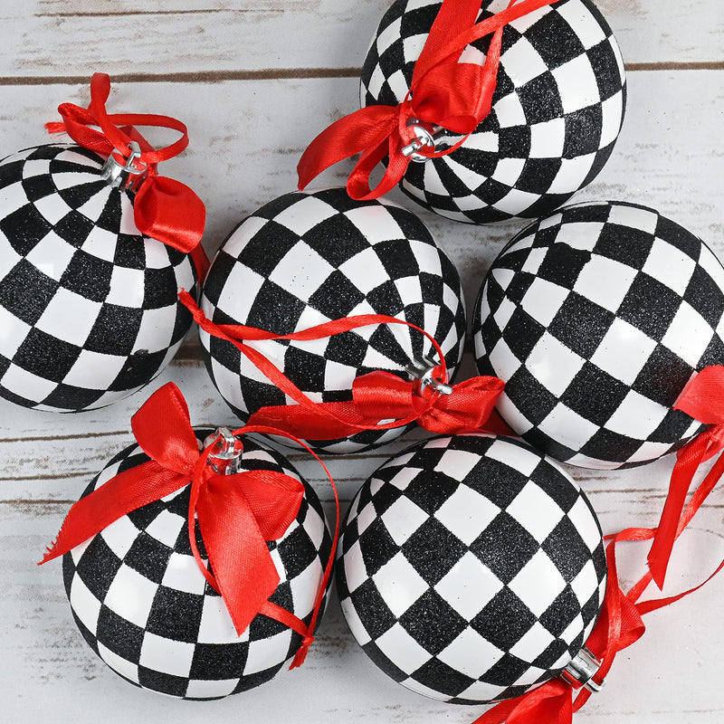 Black and White Ornaments - Glittered Black and White Checkered Ball Ornament with Red Bow and String Christmas Tree Decoration Set - Pack of 12