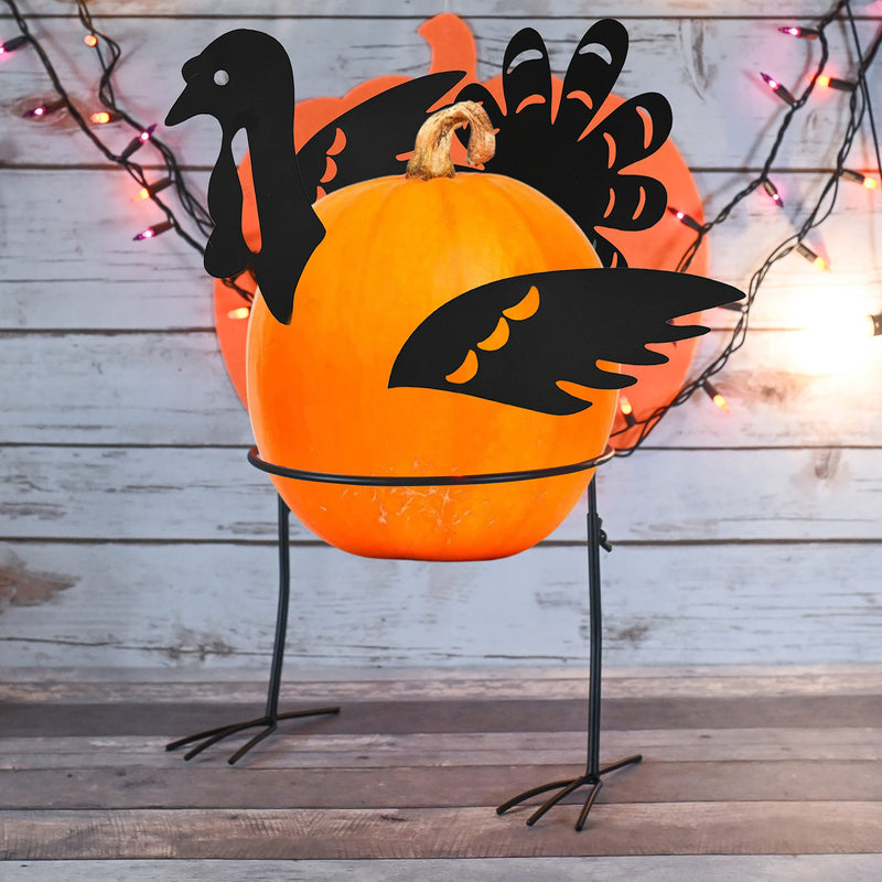 Turkey Design Pumpkin Holder - Metal Outdoor Yard Ornament Thanksgiving Garden Decorative Autumn Porch Prop - 1 Set