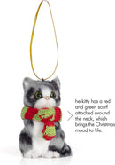 Christmas Mini Cat Ornament - Furry Grey Kitten with Scarf Holiday Tree Hanging Decoration