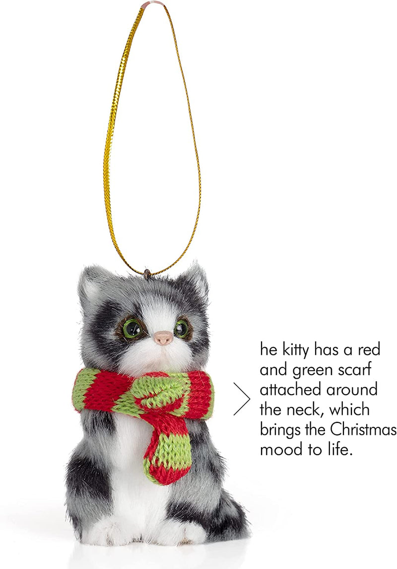 Christmas Mini Cat Ornament - Furry Grey Kitten with Scarf Holiday Tre