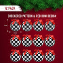 Black and White Ornaments - Glittered Black and White Checkered Ball Ornament with Red Bow and String Christmas Tree Decoration Set - Pack of 12