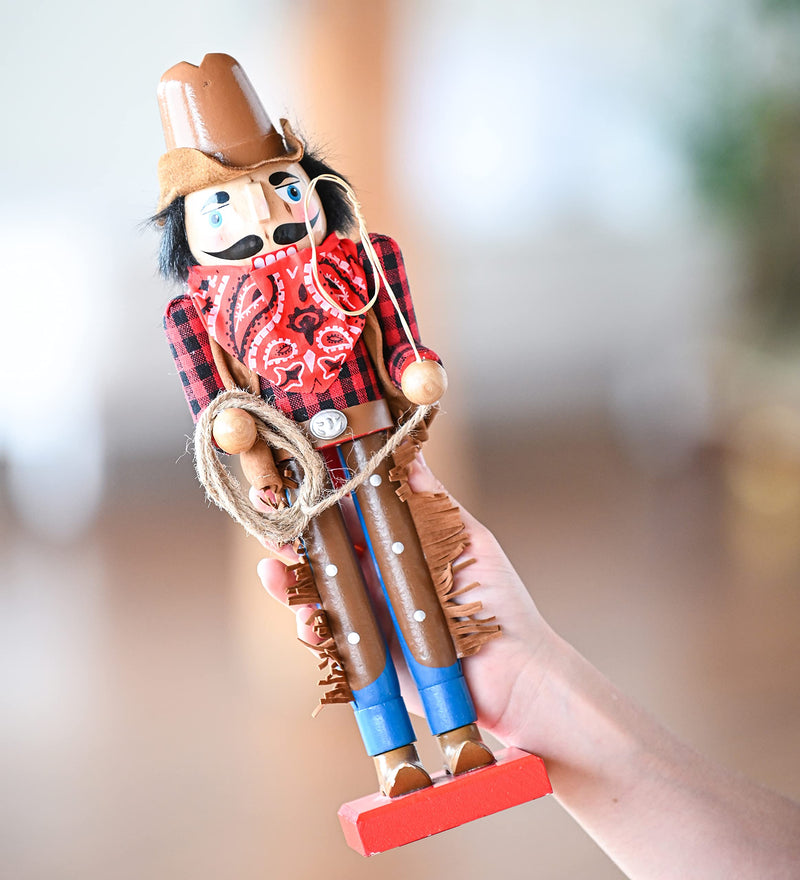 Christmas Western Cowboy Nutcracker – Brown and Red Wooden Nutcracker Cow Boy with a Rope and Lasso Xmas Themed Holiday Nut Cracker Doll Figure Decorations