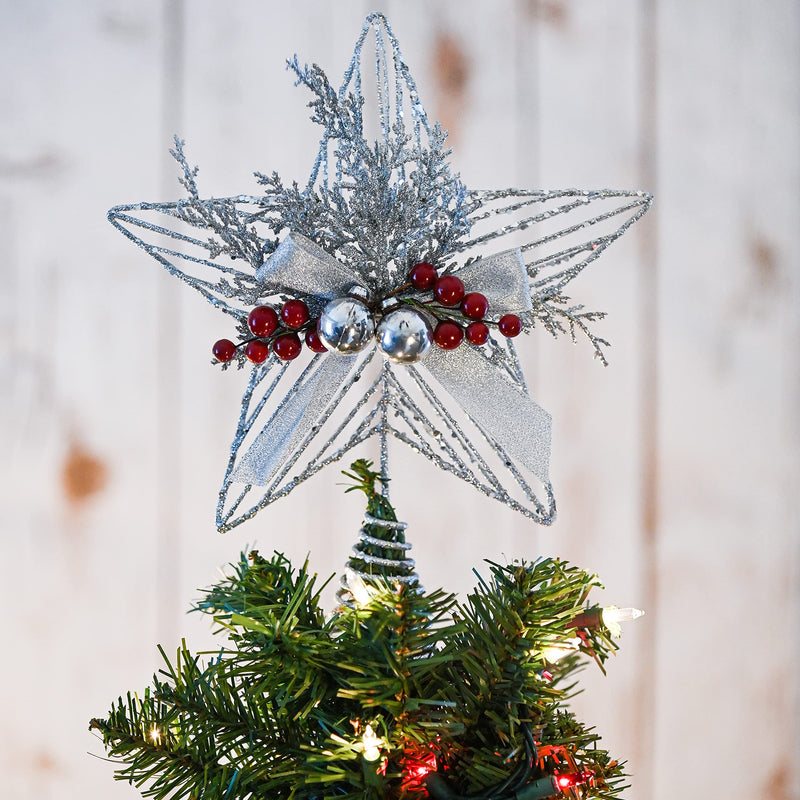 Silver Star Tree Topper - Christmas Glitter Silver Star Holiday Tree Top Decoration with Silver Bells and Mistletoe and Red Berries