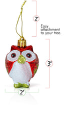 Glitter Christmas Owl Ornaments - Snowy Glitter White and Red Animal Owls Christmas Tree Ornament Decorations - 4 Birds
