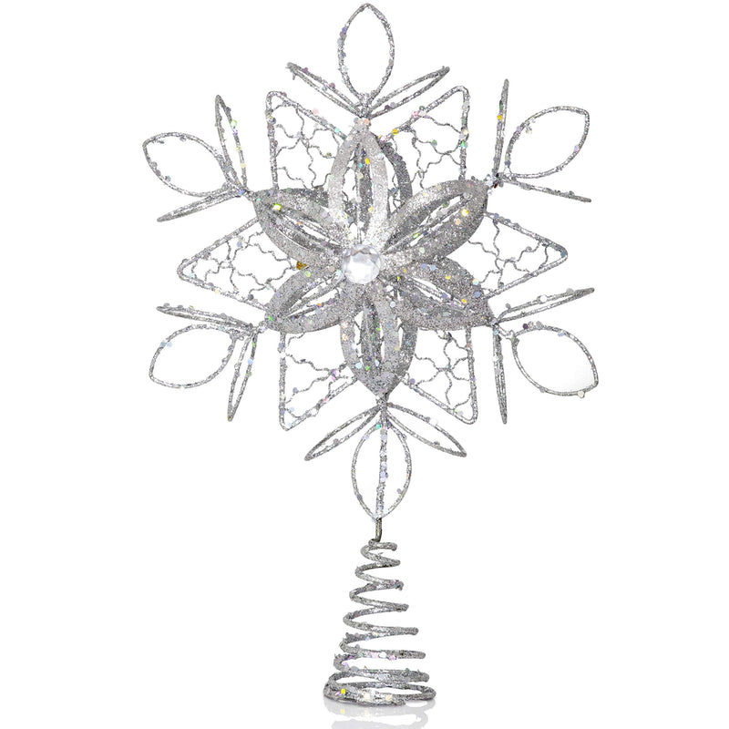 Flower Snowflake Tree Topper - Christmas Glitter Silver Flower Snow Flake Star Ornament Treetop Decoration