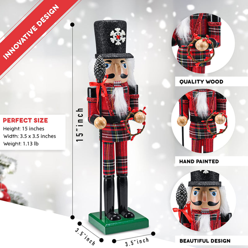 Ornativity Christmas Buffalo Plaid Nutcracker – Red and Black Wooden Nutcracker Soldier with an Acorn Staff and Holly Berries Wreath Xmas Themed Holiday Nut Cracker Doll Figure Decorations