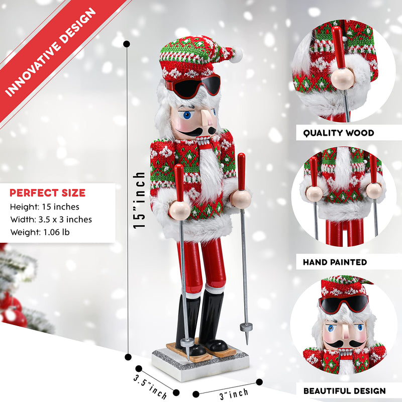 Christmas Skier Man Nutcracker – Red and Green Wooden Nutcracker Guy with Ugly Sweater and Ski Sticks in Skiing Pose Xmas Themed Holiday Nut Cracker Doll Figure Decorations