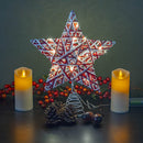 Christmas Rattan Tree Topper – Red and White Xmas Rustic Star LED Light Up Tree Topper Ornament Decoration