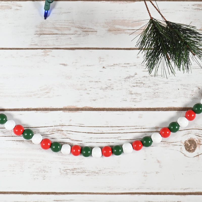 Red and Green Garland - Rustic Christmas Wooden Farmhouse Country Wood Beaded Home and Holiday Garland Tree Decorations Boho Strand of Beads