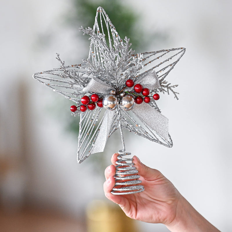 Silver Star Tree Topper - Christmas Glitter Silver Star Holiday Tree Top Decoration with Silver Bells and Mistletoe and Red Berries