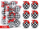 Black and White Ornaments - Glittered Black and White Checkered Ball Ornament with Red Bow and String Christmas Tree Decoration Set - Pack of 12
