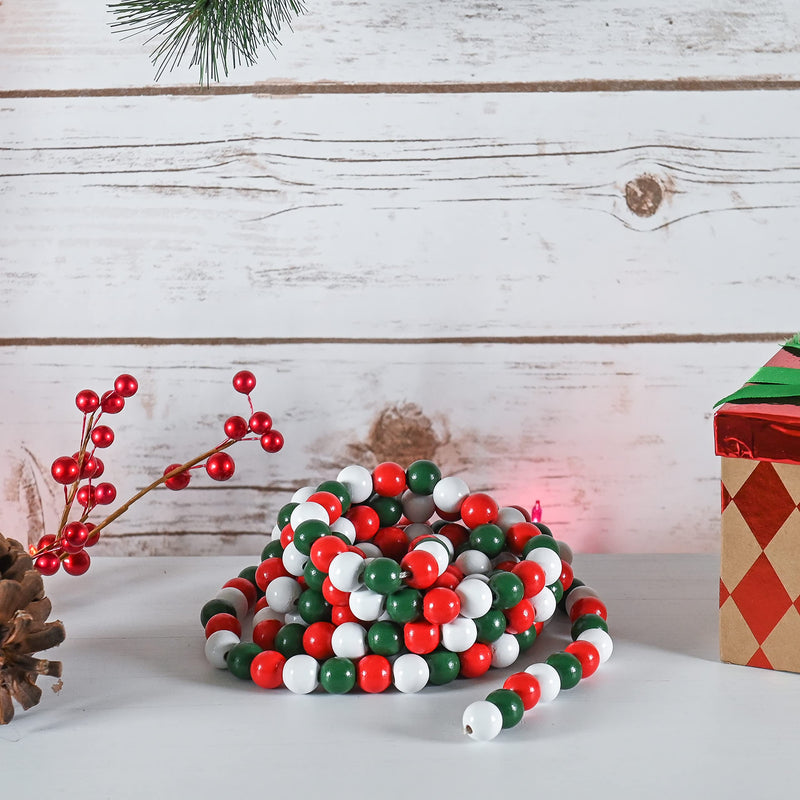 Red and Green Garland - Rustic Christmas Wooden Farmhouse Country Wood Beaded Home and Holiday Garland Tree Decorations Boho Strand of Beads