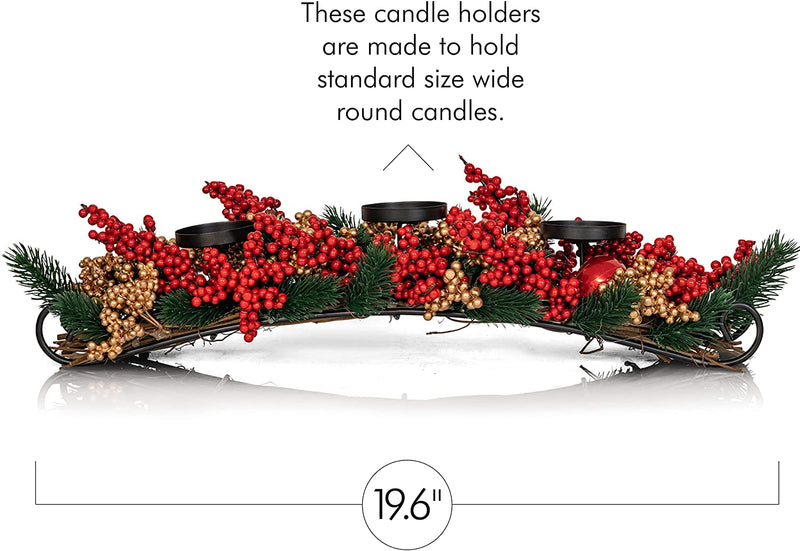 Christmas Décor Candle Holder – Xmas Themed Candle Holder Centerpiece Decorations with Red and Gold Berries and Evergreens