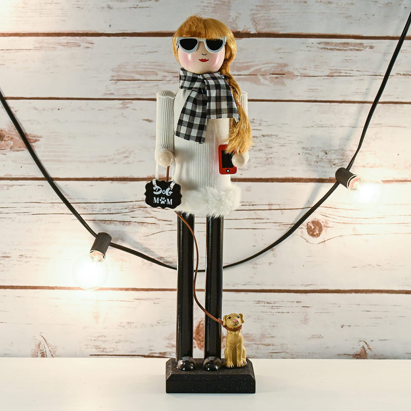 Christmas Dog Mom Nutcracker – White and Black Wooden Nutcracker Woman with Dog on Leash and a Smartphone in Hand Xmas Themed Holiday Nut Cracker Doll Figure Decorations